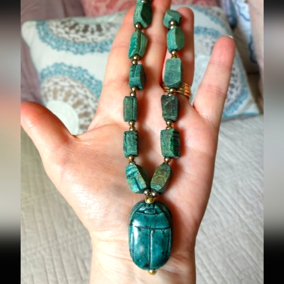 Vintage 1970s Hand Carved Ceramic Bohemian Egyptian Revival Scarab Necklace - Picture 2 of 9